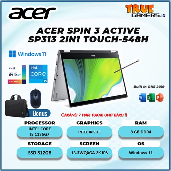 ACER SPIN 3 ACTIVE SP313 2IN1 TOUCH EVO I5 1135G7 8GB 512SSD IRISXE W11+OHS21 13.3WQXGA 2K IPS FP PEN SLV