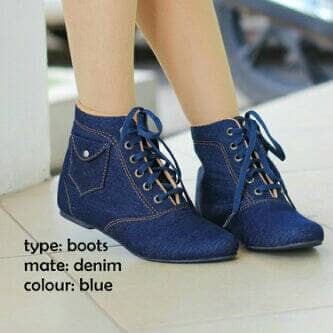 Sepatu Korea Boot Boots Flat Wanita Jeans Denim Biru