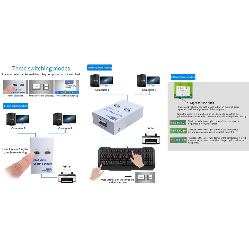 Auto Switch Usb Printer 2 Port Sharing Switcher  USB 2.0 Printer Kable Manual Otomatis