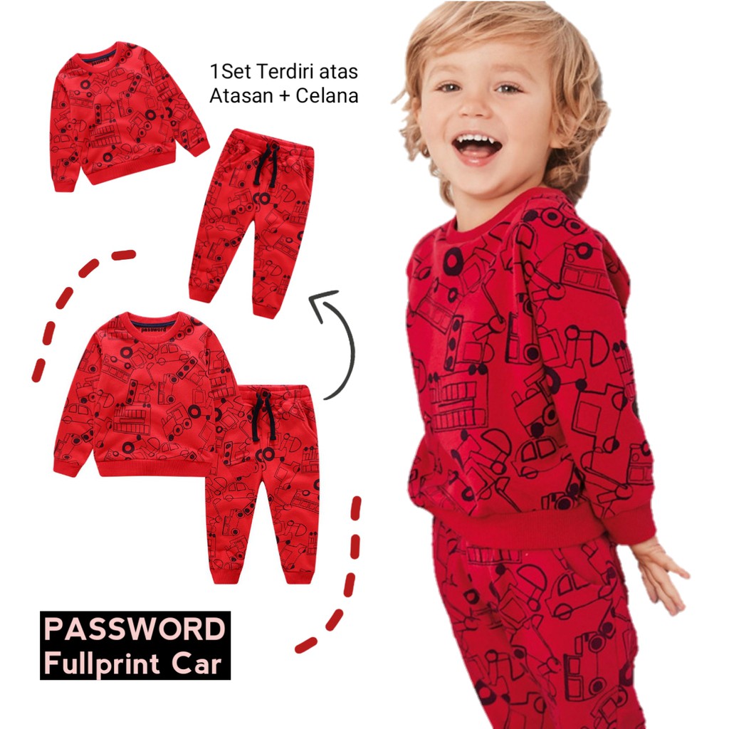 HappyOliver PASSWORD FULLPRINT CAR Setelan Sweater 1 - 7 Tahun Baju Anak BerKualitas