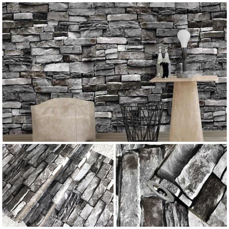 Wallpaper Dinding Batu Bata 3D Abu Abu Hitam Cocok Dekorasi Rumah
