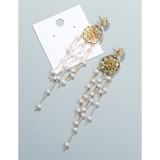 LRC Anting Tusuk Fashion Gold 925 Silver Needle Pearl Tassel Dreamcatcher Earrings F89462