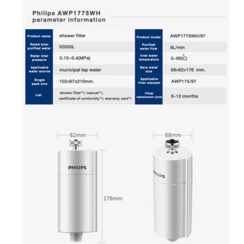 Philips Water AWP1775WH Shower Filter 3-Stage Water Softener, Double Mesh Filtration KDF Material