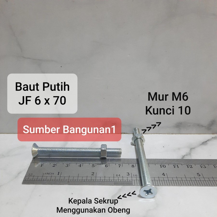 Baut JF 6 x 70 kepala rata putih 7cm kunci 10 mur M6 panjang 7 cm 6mm