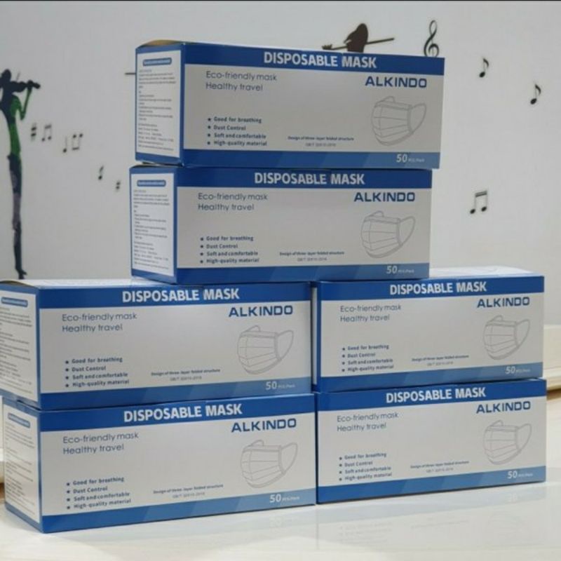 MASKER MEDIS BEDAH KARET EARLOOP ALKINDO 3 PLY 1 BOX ISI 50 PCS WARNA BIRU SEPERTI ONEMED