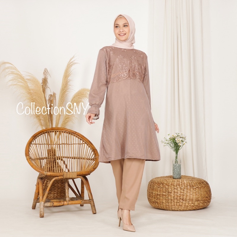 TUNIK SET TULLE DOT VARIASI  BRUKAT PERANCIS (CREAM MILO)