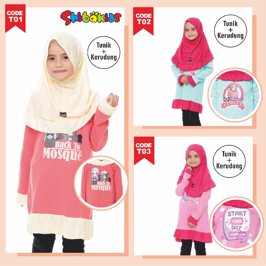  Tunik  anak  dan Kerudung Kaos  karakter muslim tema 