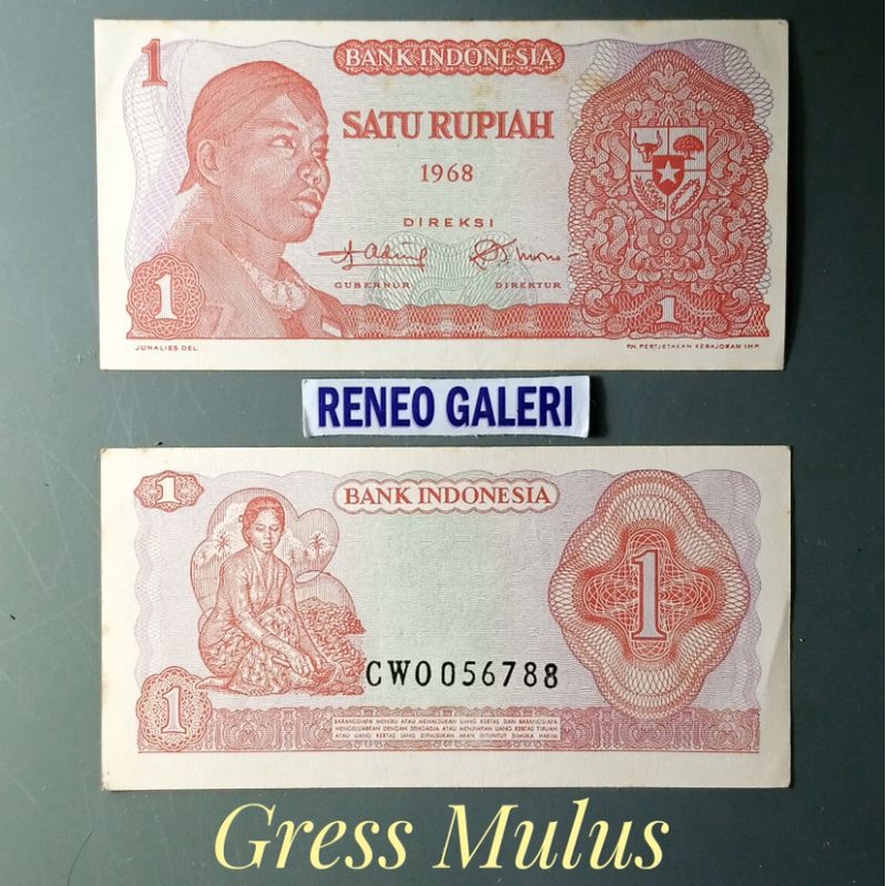 Asli Gress Mulus Rp 1 rupiah 1968 jendral Sudirman Soedirman uang kertas kuno duit jadul lama lawas Indonesia Original UNC AUNC