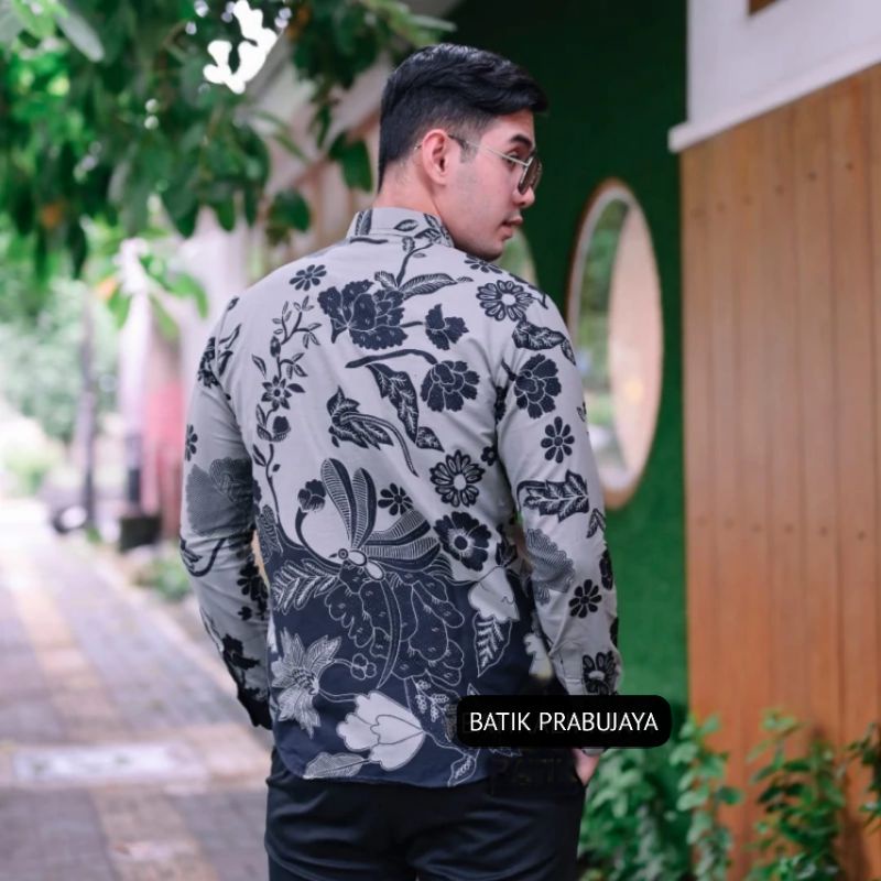 BUNGA ABU Kemeja Batik Pria Modern Lengan Panjang Full Furing Katun Halus Solo - Baju Batik Pria Seragam Kerja Kantor