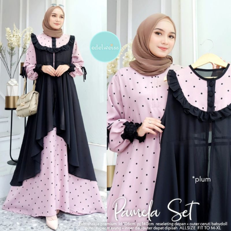 SETELAN GAMIS SHAKILA PREMIUM MOTIF POLKADOT + OUTER CERUTI PAMELA SET BY EDELWEISS
