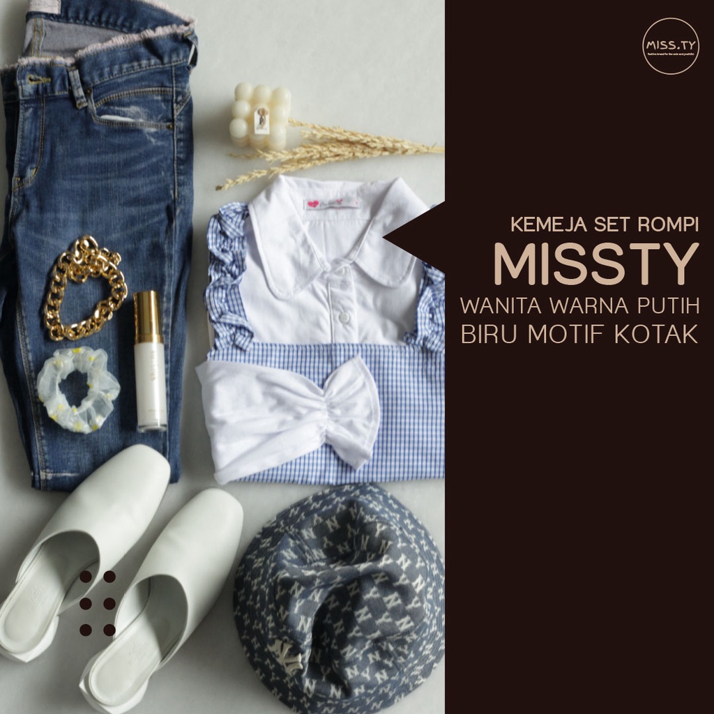 Kemeja Set Rompi Missty Wanita Warna Putih Biru Motif Kotak (Kalmia 142)