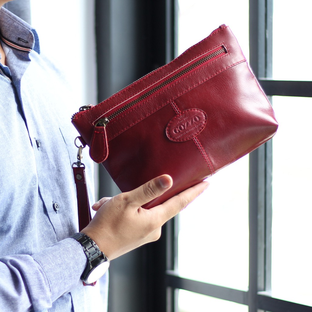 CLUTCH WANITA KULIT ASLI HELLENA MERAH MAROON / FREE GRAVIR NAMA