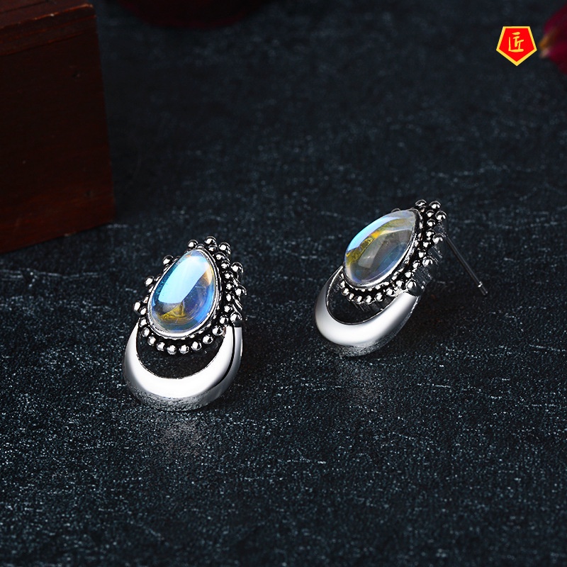 [Ready Stock]New Moonstone Vintage Silver Crescent Earrings