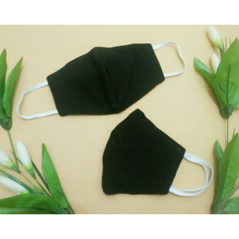 Masker Kain 3 Ply Earloop Hitam Polos Cowok/Cewek