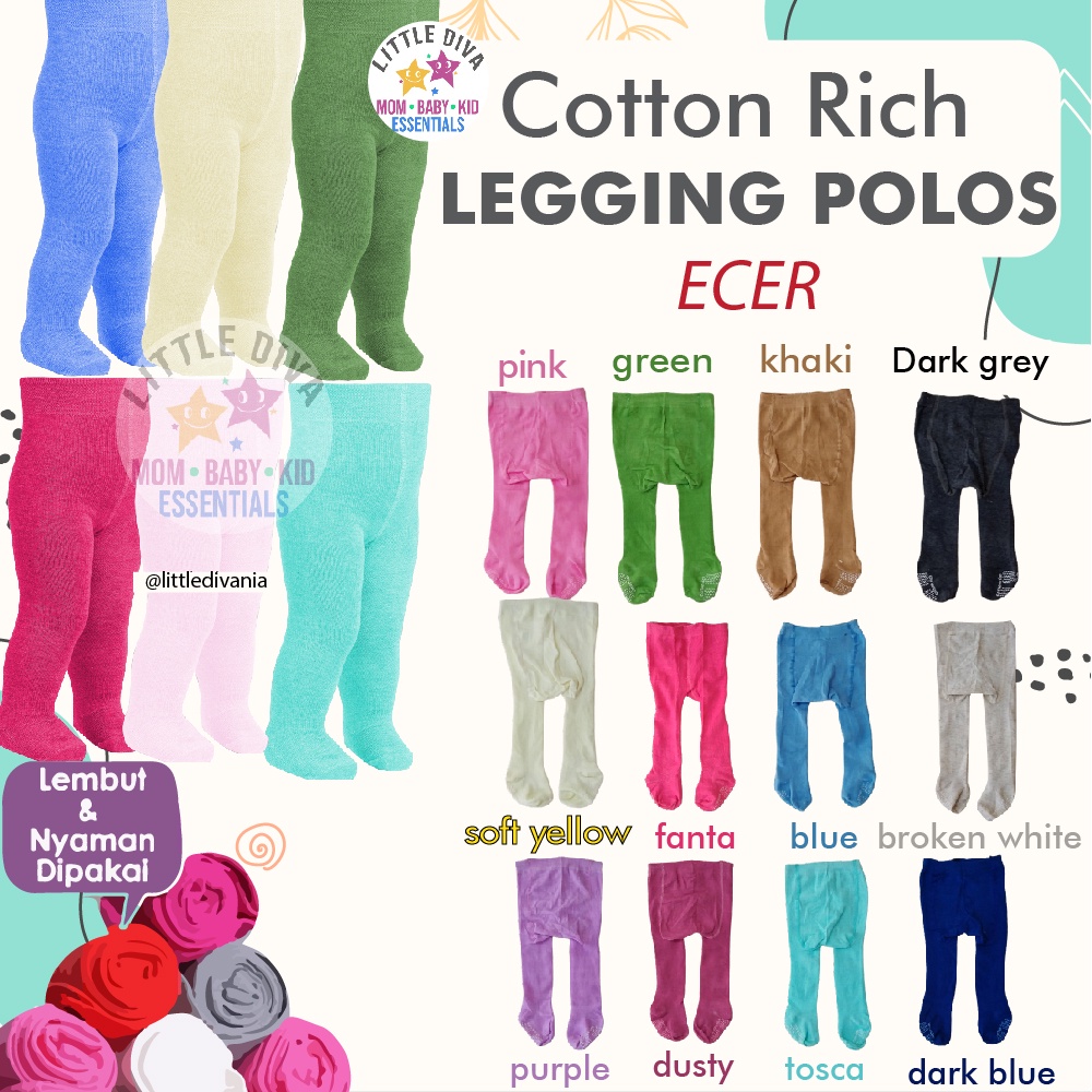 ECER Legging Bayi POLOS 0-6 &amp; 6-12M Leging Baby Cotton Rich Putih pink fanta kuning orange ungu biru