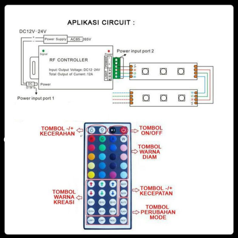 Controller Almunium Led Strip RGB 12V - 24V 24A Remote Besar 44 Keys tombol untuk 3528 5050