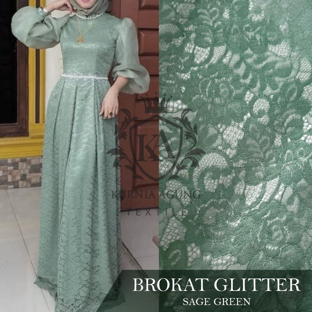 Brukat Meteran Sage Green Premium Mewah Terbaru Kurnia Agung Textile ukuran 50cm x 150cm