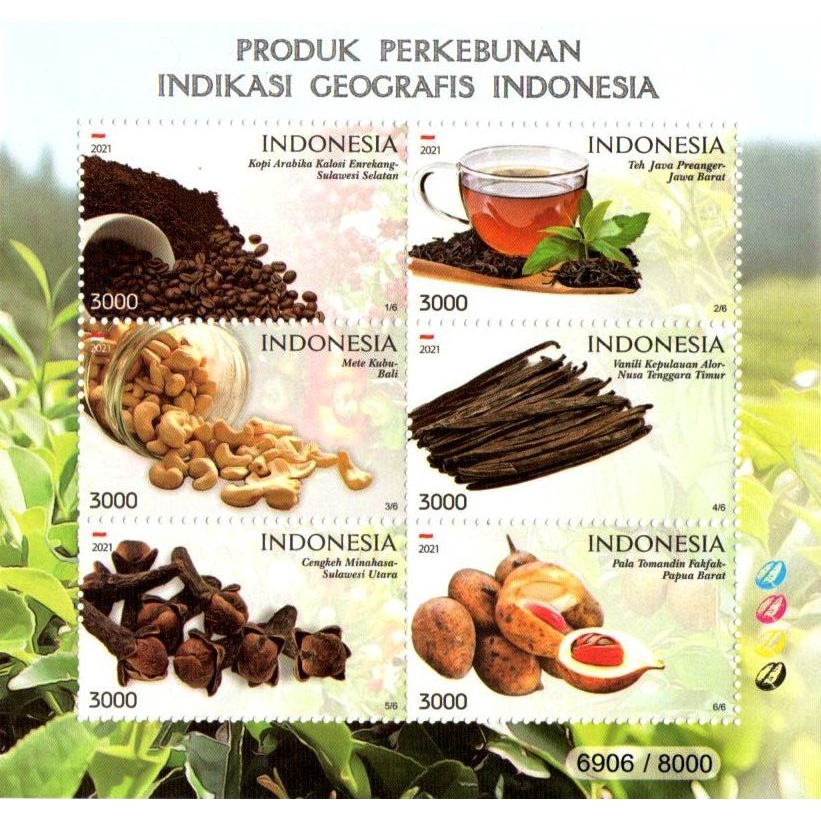 

Perangko Indonesia 2021 Perkebunan Teh Kopi Mete Pala Cengkeh MS MNH