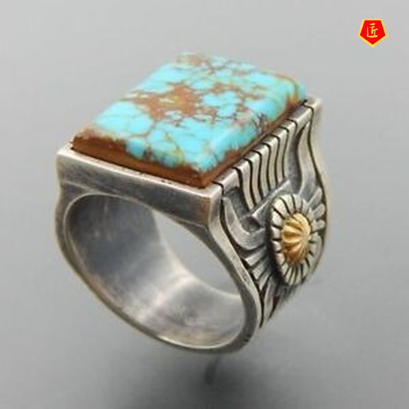 [Ready Stock]Inlaid Square Turquoise Sunflower Ring 18K Gold Color Separation Fashion Personality