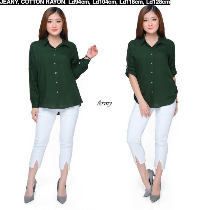 BAJU KEMEJA WANITA JUMBO PREMIUM BASIC ADEM HIJAU ARMY LD118CM XXL
