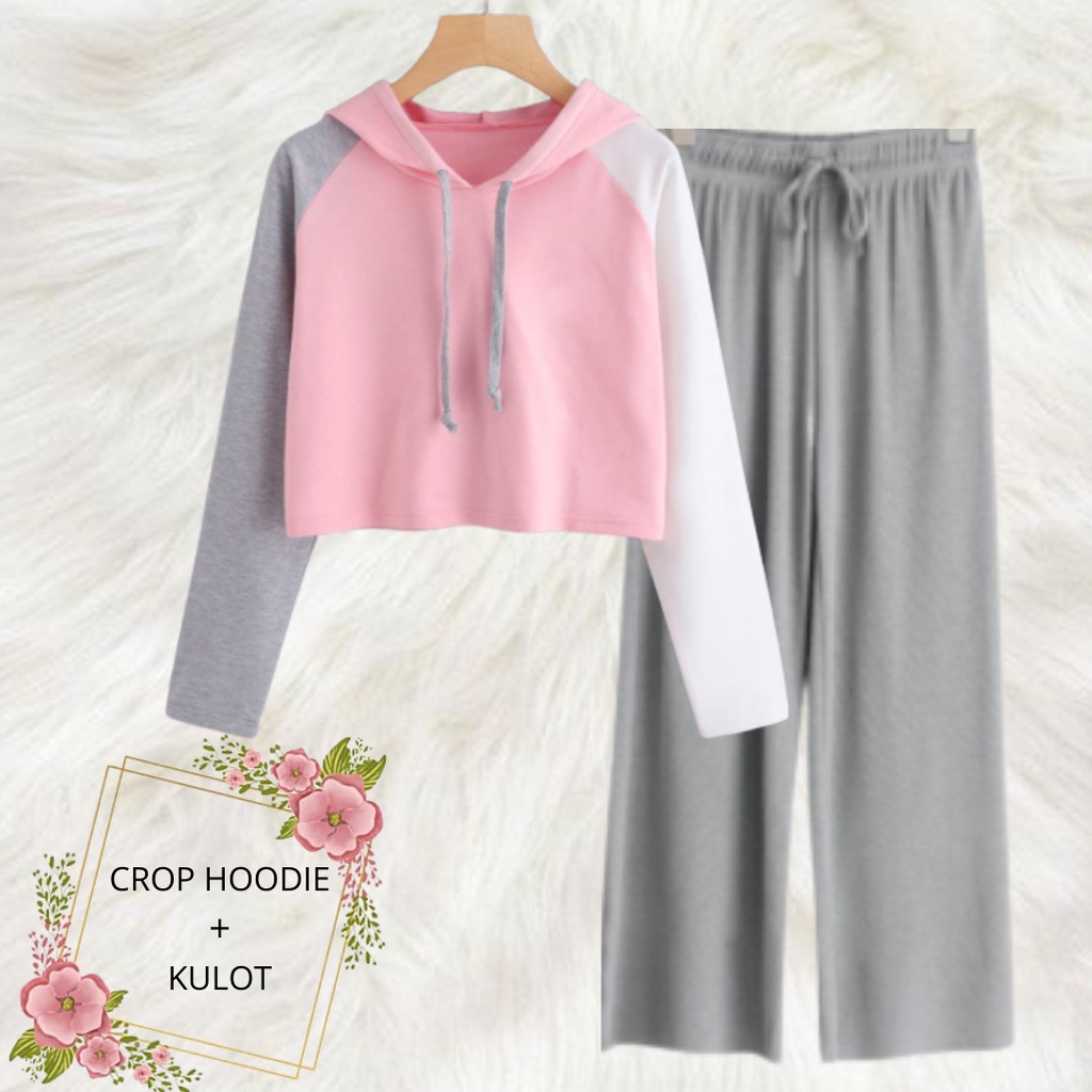 JBF Setelan Crop Hoodie Kombinasi Warna Dan Celana Kulot Remeja / ABG Style Kekinian Baju Korean Style