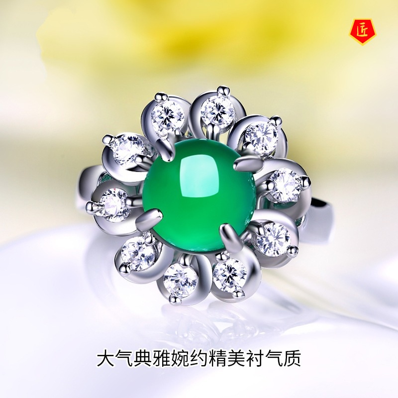 [Ready Stock]Green Chalcedony Ring Korean Style Green Agate Elegant