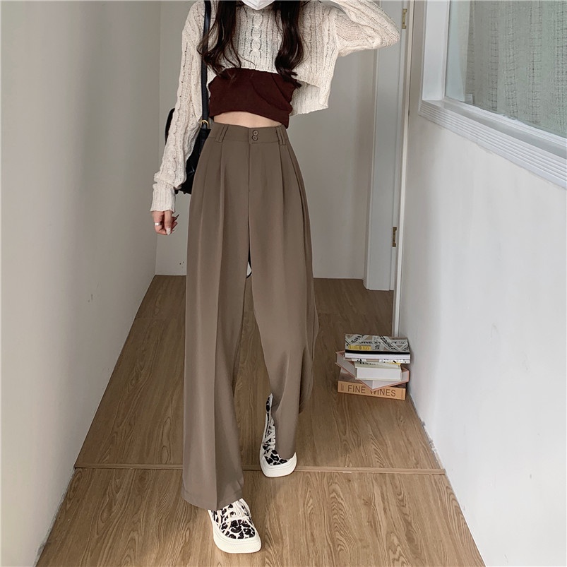 Celana Panjang Khaki Wanita Loose Korean Style High Waist Straight Pants