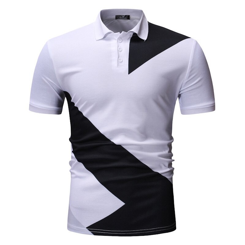 HERW Mens Patchwork Black White Stitching Cotton Short Sleeve Polo Shirts 