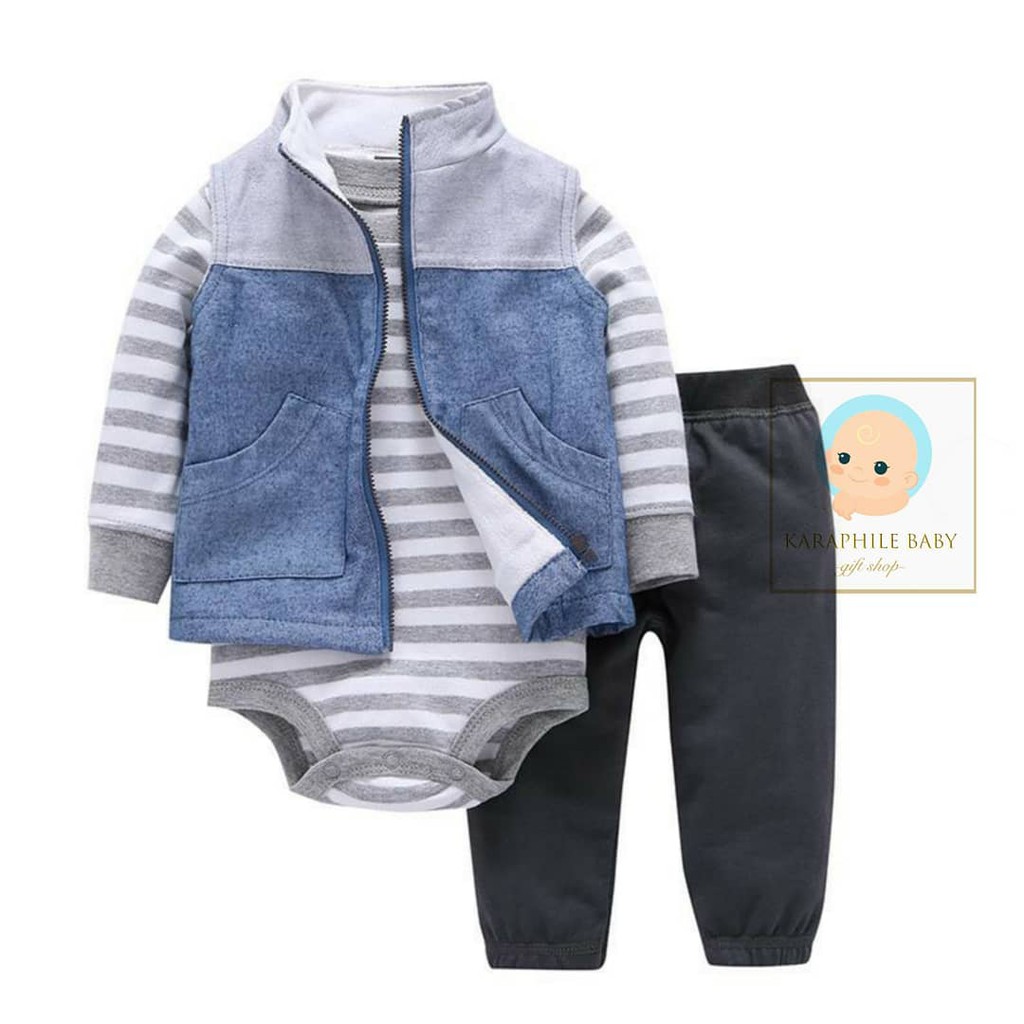 jaket Vest Set Bayi Motif Denim
