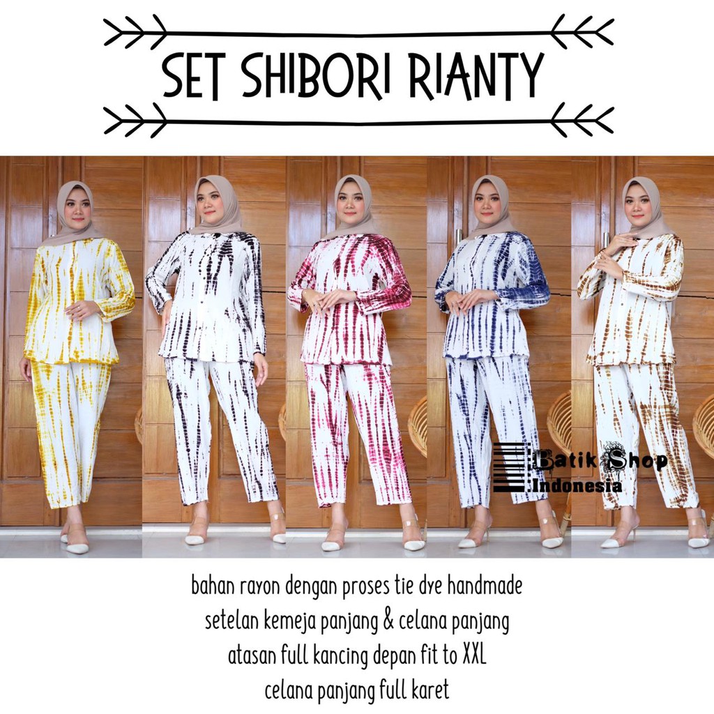 Setelan Shibori Rianty Warna Handmade Batik Jumputan Tie Dye Sibori Set Piyama Kemeja Tiedye Wanita Rayon