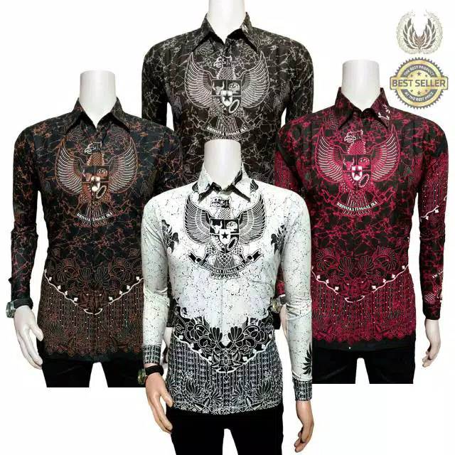 Kemeja Batik Garuda Merah Putih Hitam Coklat. GB69 new Lengan panjang Dewasa Grosir