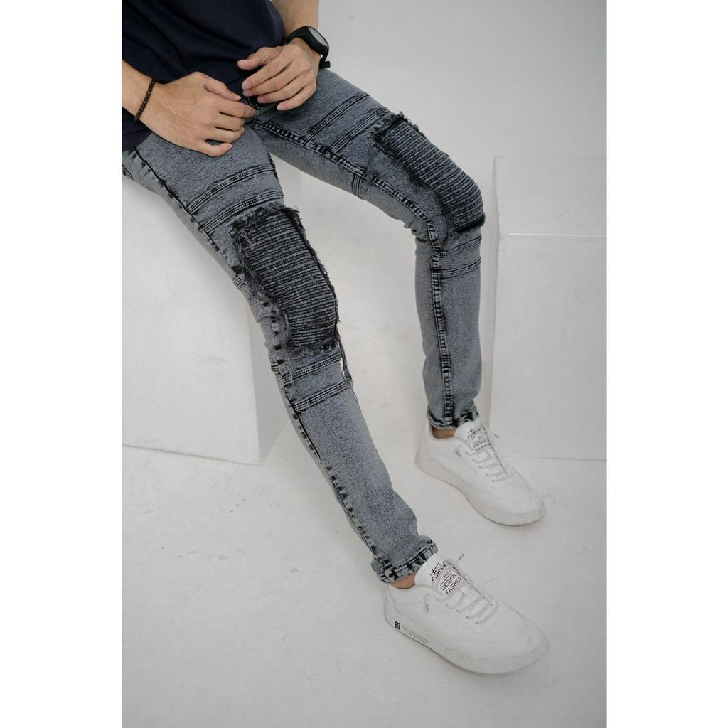 Skinny Jeans Bikers Pria Celana Jeans Sobek Ripped Jeans Pria Premium Celana 28-33 Celana Jeans Panjang Bikers Snow Ripped