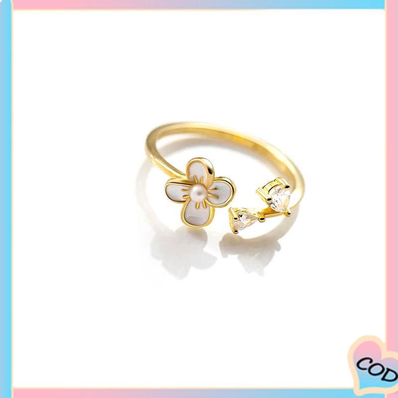 COD❤️ Cincin Bunga Sederhana Lembut Manis Kecantikan Temperamen Cincin Pembuka Glossy-A.one