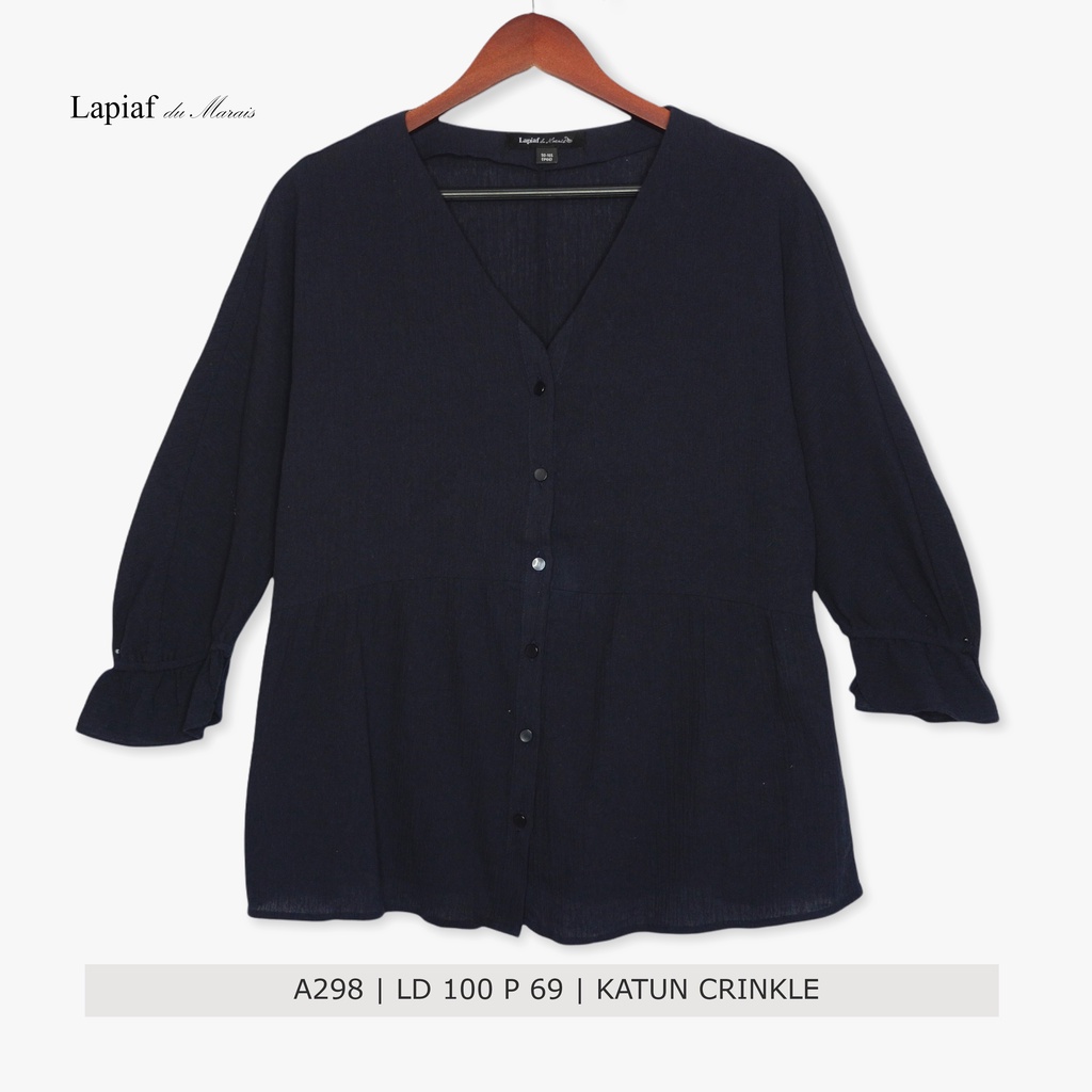 A298 Blouse Korea Katun Dark Navy Lengan Karet Lapiaf