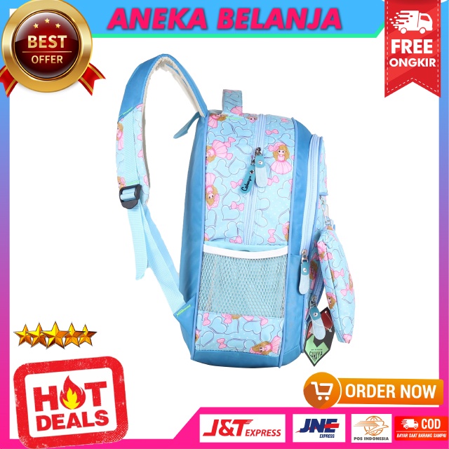 Ransel Backpack Sekolah Anak Cewek Cahaya Princess Strip Biru Lucu Keren Imut Free Tempat Pensil