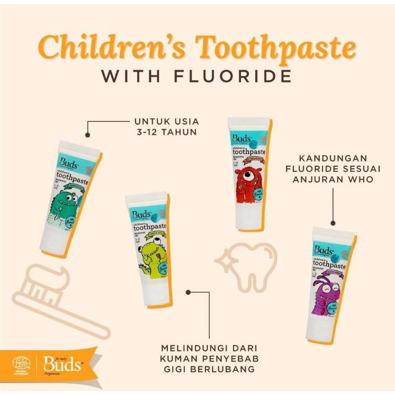 Buds Organics Toothpaste With Fluoride Usia 3-12 Tahun Ukuran 50 ml