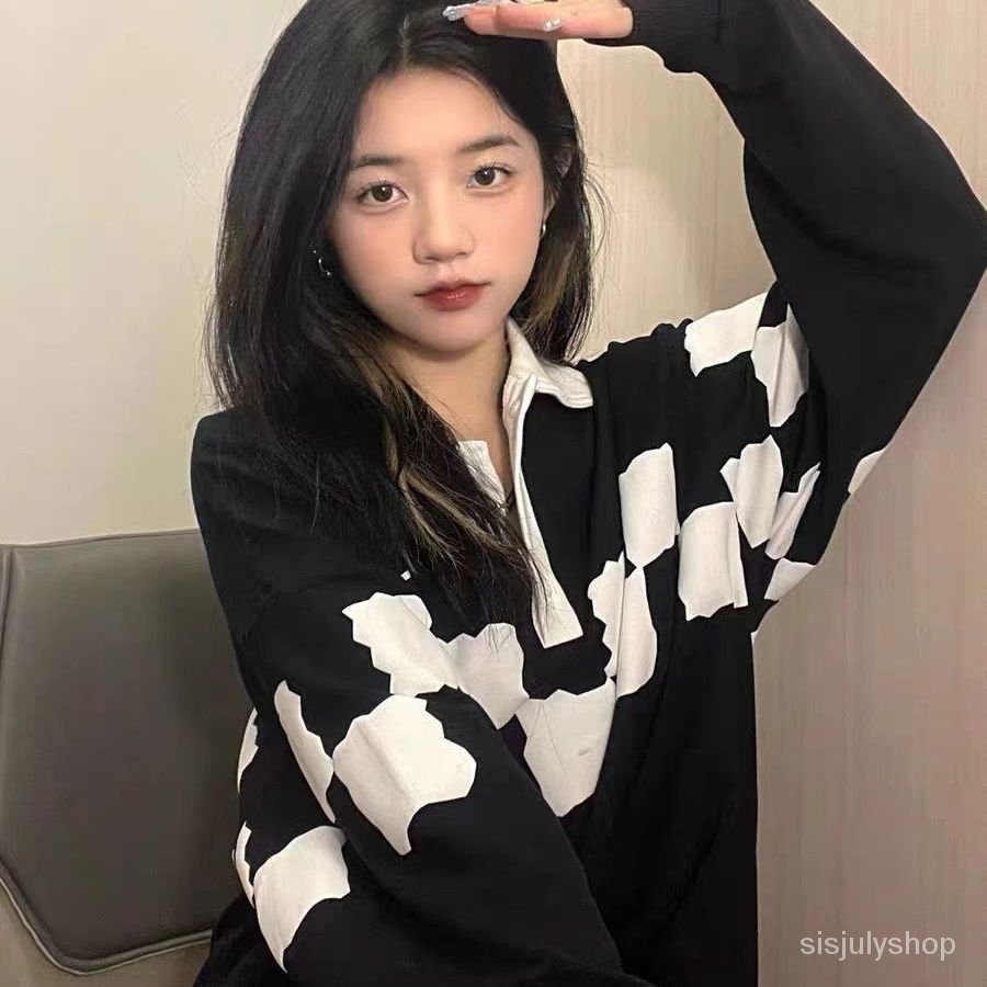 Musim Gugur dan Musim Dingin Lengan Panjang T-shirt 2022 Versi Korea Pasangan Hip-Hop Hitam dan Puti