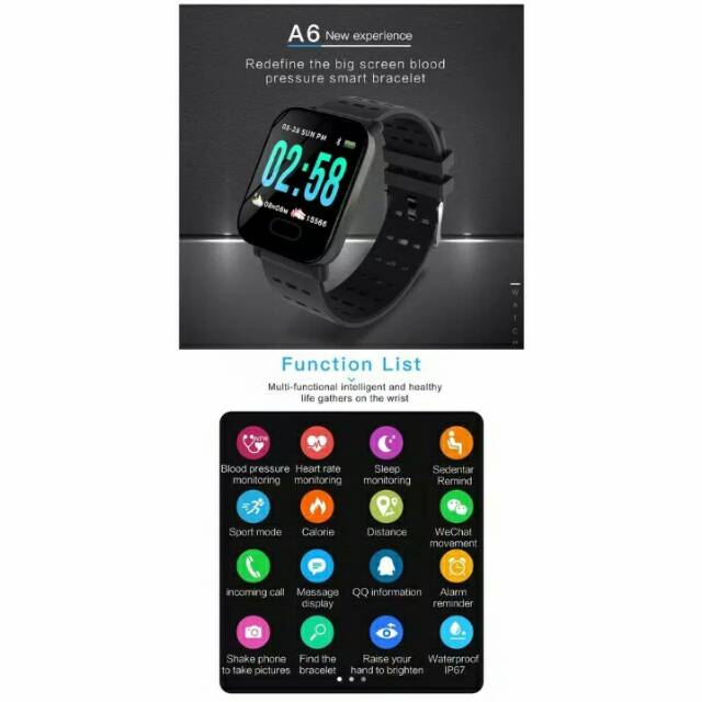 Smartband A6 anti air monitor detak jantung/jam pintar/fitnes tracker