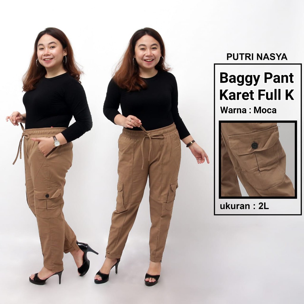 Celana Baggy Pant K Karet Full Super Jumbo XXL, 4L, 5L, 6L, 8L Chino Stret Cream Moca Capucino Hitam / Celana Kantor Wanita Jumbo / Celana Kerja Big Size Wanita / Celana Karet Katun Super Big / Celana Kekinian Model Terbaru / Celana Bahan Formal