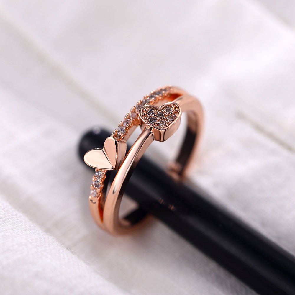 Cincin Wanita Model Terbuka Desain Hati Ganda Hias Kristal Untuk Hadiah