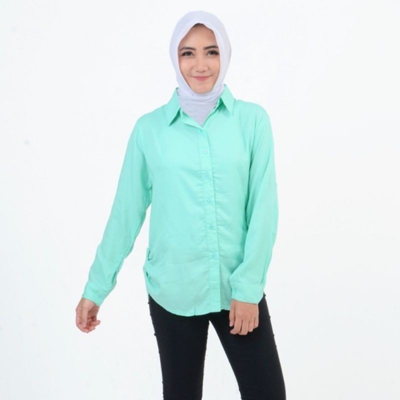 KEMEJA POLOS TANGAN SKODER | BAJU KANTOR PUTIH HITAM | KEMEJA FORMAL| ATASAN WANITA LENGAN PANJANG-tosca-027