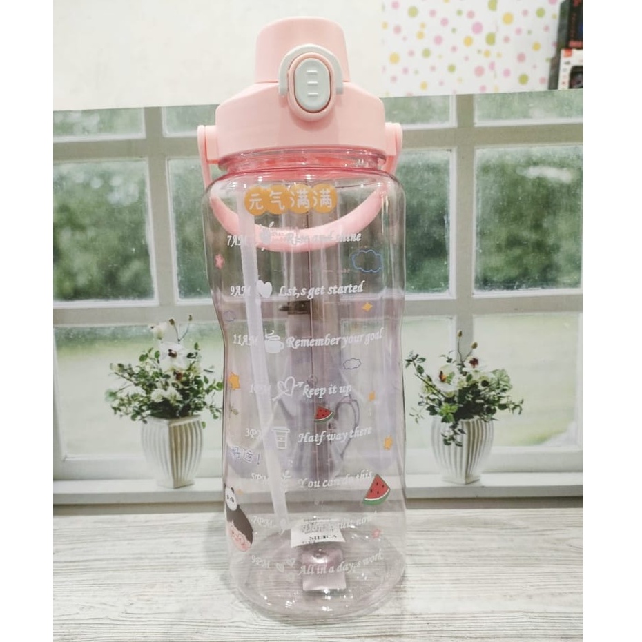 Botol minum Jumbo 2 LITER Motivasi Penanda waktu Tritan Quifit Handle BENING 2000ML FREE STIKER-PINK