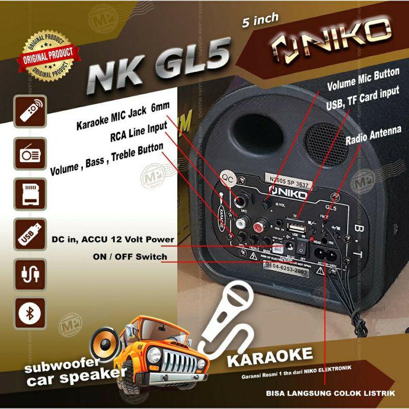 Speaker Aktif NIKO NK-GL5 Bluetooth Radio / Speaker Bluetooth / Salon Aktif / Salon Bluetooth / Subwoofer Speaker Aktif / Subwoofer Mobil / Speaker Komputer / Speaker Bluetooth Bass / Speaker Laptop NIKO GL5 5 inch FREE MIC~FMS