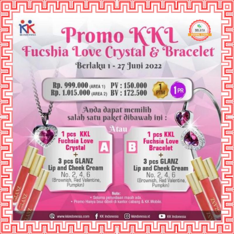 NEW Kalung Gelang KK Liforce Fuchsia Love Fucia Hati Ungu Swarovski + FREE 3 Lip Cream 100% ORI KK I