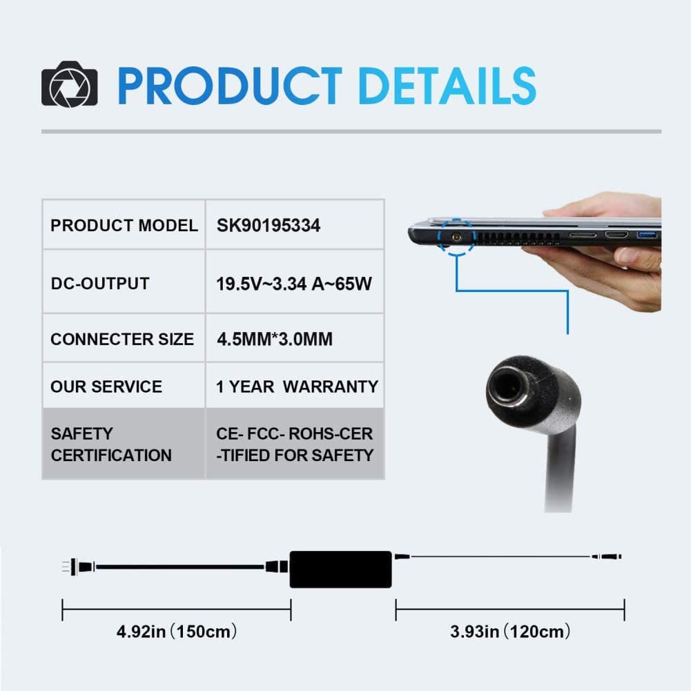 Charger Adapter  CDF57 D0KFY JHJX0 0JHJX0 JT9DM P47F P55F 03RG0T 19.5V 3.34A 65W 4.5*3.0mm