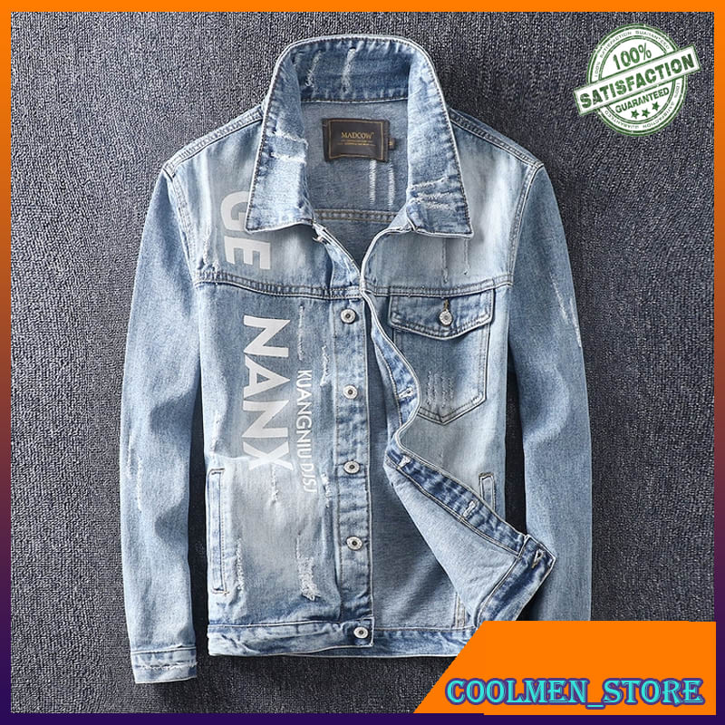 Jaket Jeans Pria / Jaket Denim Pria American Streetwear Fashion Men Jacket Retro Blue Punk Style