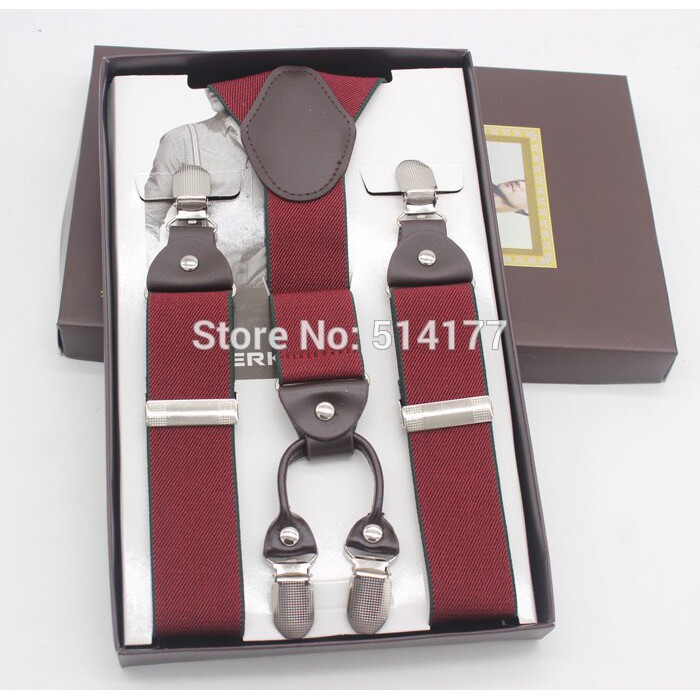 

Produk China Burgundy man suspenders fashion braces gift box Adjustable 4 Clips suspenders