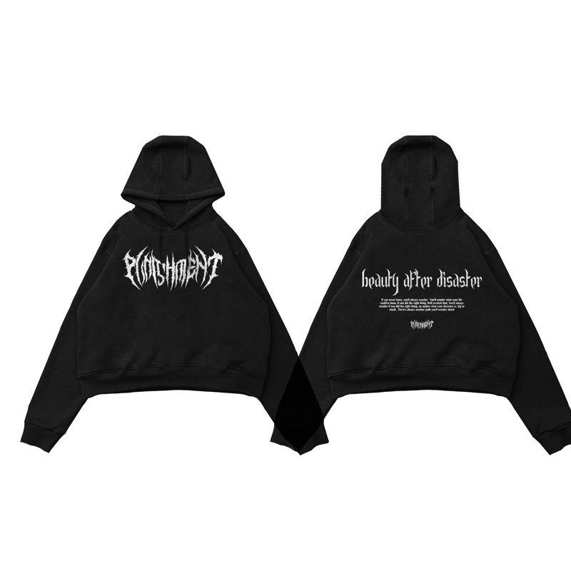 CROP HOODIE OVERSIZE PRIA WANITA UNIFINISHED PUNISHMENT BLACK MOTIF DISASTER PREMIUM HIGHT QUALITY