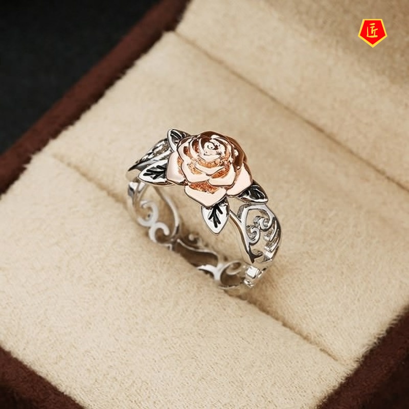 [Ready Stock]Rose Gold Flower Silver Ring 925 Silver Elegant Retro