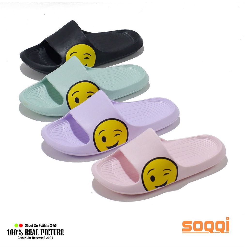 Sandal selop wanita import karet original sendal slop cewek perempuan dewasa model distro gambar smile slip on lucu tahan air branded terbaru Soqqi-Km 080 1B promo lebaran murah keren cod 36-40